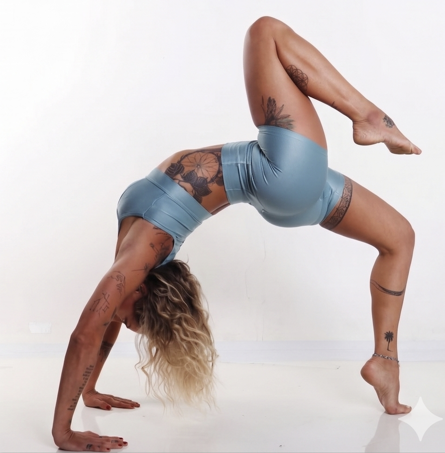 Mulher praticando yoga ao amanhecer